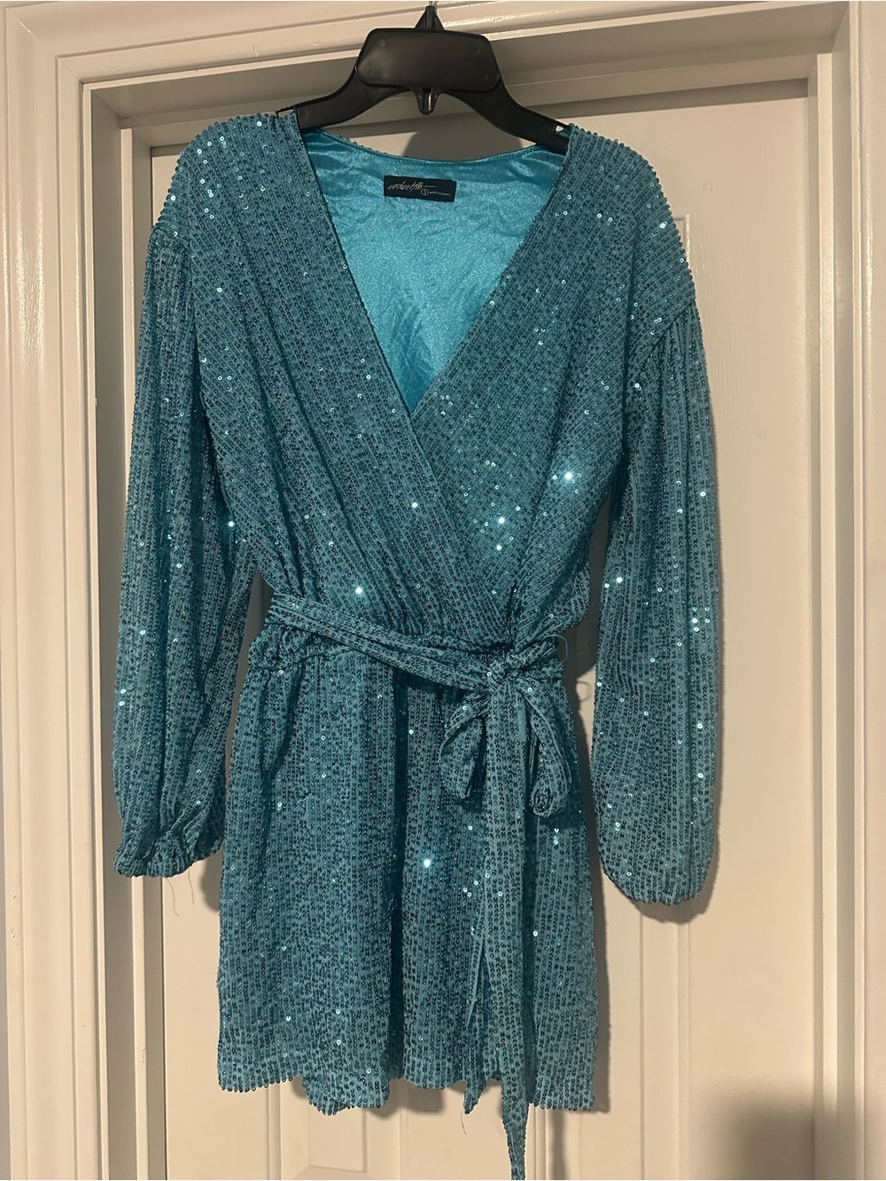 Sequin Wrap Mini Dress in Teal